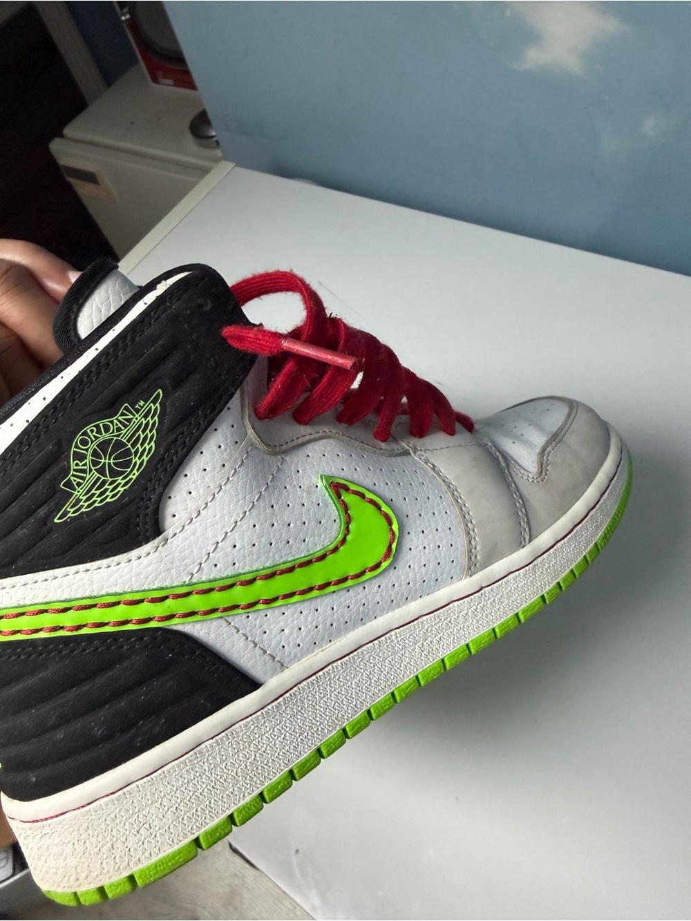 Jordan Kids High-Top Sneaker in White, Black & Neon Green with Red Laces